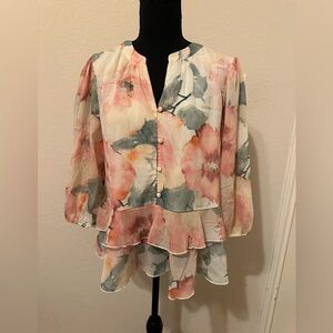 Enfocus Studio Floral Ruffle Peplum Blouse - Cream Pink Green. Sz Large. NWT
